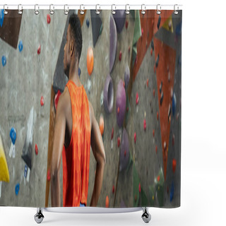 Personality  Athletic African American Male Model Standing Next To Climbing Rock Wall With Hands On Hips, Banner Shower Curtains