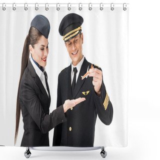 Personality  Airline Captain And Stewardess Holding Toy Plane Isolated On White Shower Curtains
