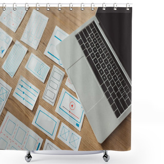 Personality  High Angle View Of Ux App Development Sketches And Laptop On Wooden Table Shower Curtains