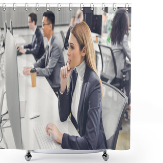 Personality  Concentrated Young Businesswoman Using Desktop Computer While Working With Colleagues In Open Space Office Shower Curtains