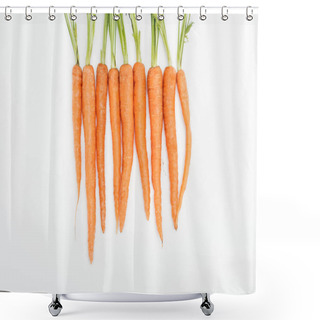 Personality  Whole Fresh Ripe Raw Carrots Arranged In Tight Row Isolated On White Shower Curtains