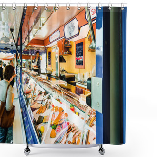 Personality  Fishmonger At Old Fish Market By The Harbor In Hamburg, Germany Shower Curtains