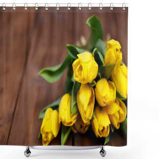 Personality  Banch Of Yellow Tulips Lying On Wooden Boards Shower Curtains