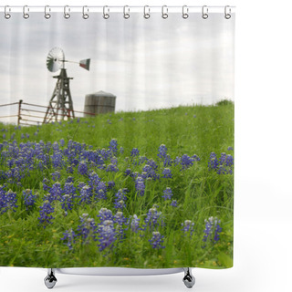Personality  Texas Windmill On Hillside With Bluebonnets Shower Curtains