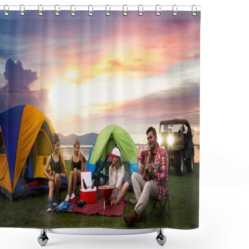 Personality  Camping Of Asian Man And Women Group Shower Curtains