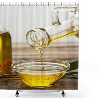 Personality  Pouring Oil From Bottle Into Glass Bowl On Brown Wooden Surface Shower Curtains
