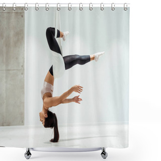 Personality  Beautiful Relaxed Girl Practicing Antigravity Yoga In Inversion Position In Studio Shower Curtains