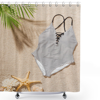 Personality  Top View Of Stylish Swimsuit Lying On Sandy Beach Shower Curtains