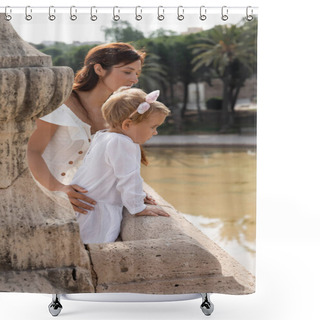 Personality  Side View Of Woman Touching Baby Daughter On Puente Del Mar Bridge Above River In Valencia Shower Curtains