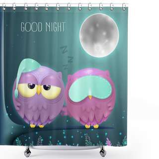 Personality  Sleepy Owls Couple On A Branch With A Full Moon Night Background Shower Curtains