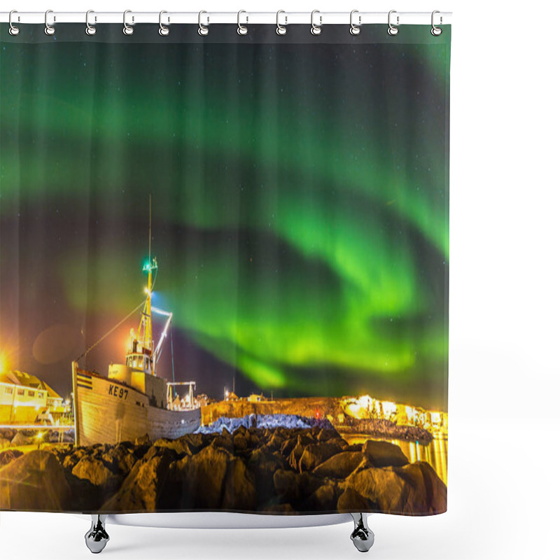Personality  Amazing Northern Lights At Iceland, Boat And Rocks In The Foreground. Shower Curtains