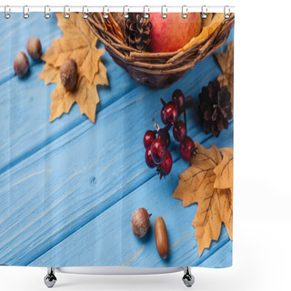 Personality  Autumnal Leaves, Berries, Acorns And Cones On Blue Wooden Background Shower Curtains