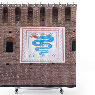 Personality  Milan, Italy, Europe, 03/28/2019: View Of The Biscione, An Azure Serpent In The Act Of Consuming A Human, The Emblem Of The House Of Visconti And Of The City From The 11th Century, On The Filarete Tower Of The Sforza Castle (Castello Sforzesco) Shower Curtains
