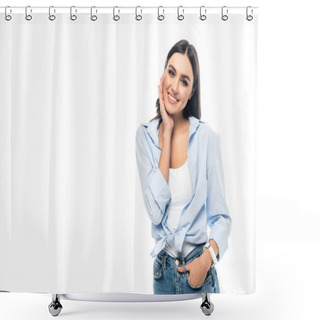Personality  Pleased Woman Looking At Camera While Touching Face Isolated On White Shower Curtains