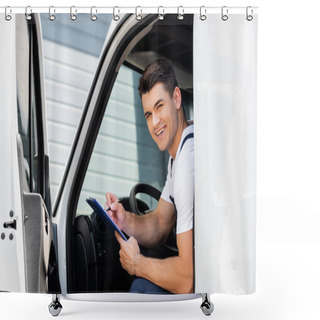 Personality  Selective Focus Of Loader Looking At Camera While Holding Clipboard And Pen In Truck Shower Curtains