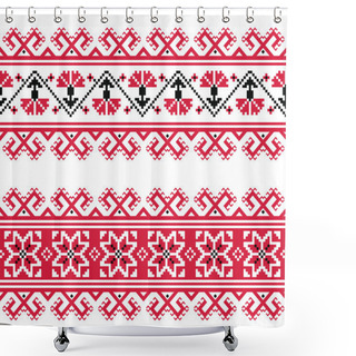 Personality  Ukrainian, Slavic Red And Grey Traditional Seamless Folk Embroidery Pattern Shower Curtains
