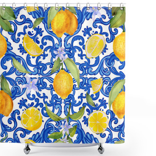 Personality  Mediterranean Seamless Pattern. Blue Majolica Tiles And Yellow Lemons Endless Background. Sicilian Traditional Print For Fabric And Wallpaper. Blue Azulejo. Shower Curtains