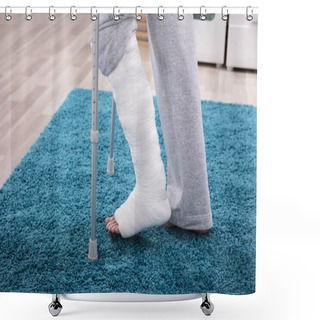 Personality  Man With Broken Leg Using Crutches For Walking On Blue Carpet Shower Curtains