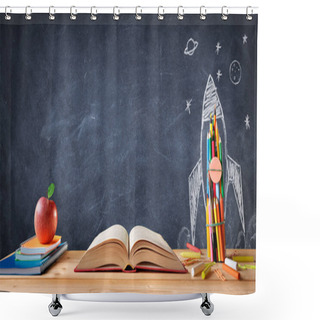 Personality  Start School Concept - Supplies On Desk And Rocket Drawn On Blackboard Shower Curtains