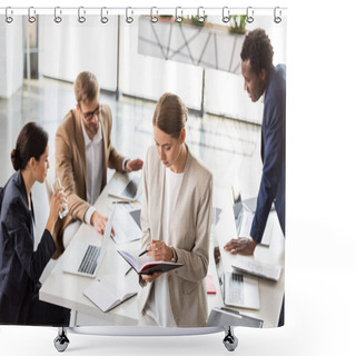 Personality  Multiethnic Businesspeople At Table During Conference In Office Shower Curtains