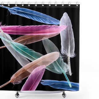 Personality  Row Of Bright Soft Colorful  Feathers Isolated On Black Shower Curtains