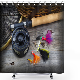 Personality  Fishing Gear On Rustic Wood With Vignette  Shower Curtains