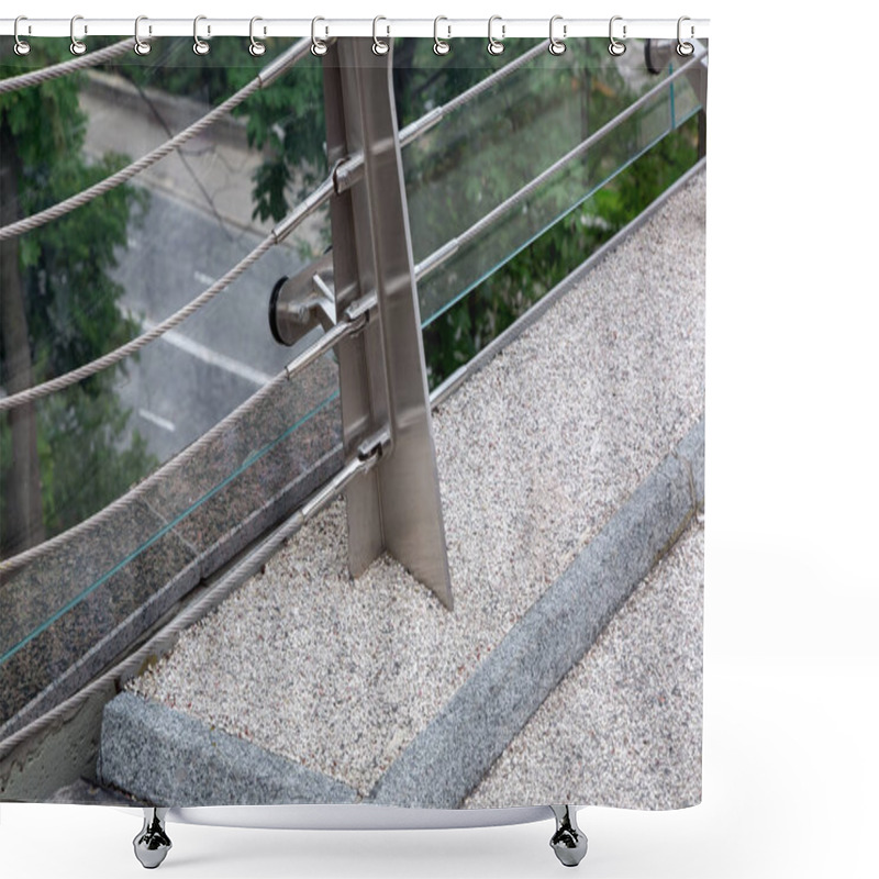 Personality  Construction Details Of A Glass Bridge With Steel Mounts And A Granite Curb At The Edge Of The Bridge Close Up. Shower Curtains