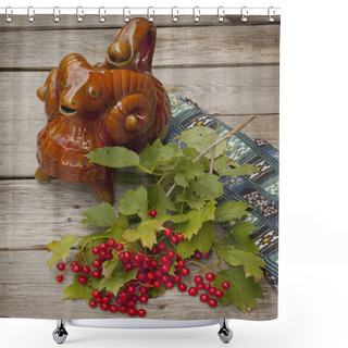 Personality  A Branch Of Viburnum On A Wooden Table. Shower Curtains
