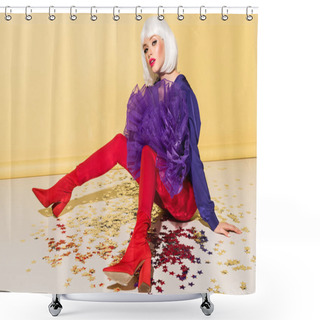 Personality  Stylish Woman In Red Pants Sitting On Sparkle Confetti On Yellow Background Shower Curtains