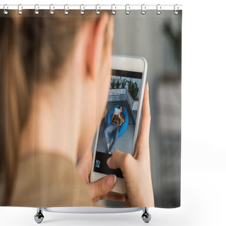 Personality  Close-up Shot Of Woman Taking Photo Of Man In Bean Bag With Smartphone Shower Curtains