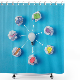 Personality  Top View Of Light Bulb Surrounded With Crumpled Papers With Business Icons On Blue Surface Shower Curtains