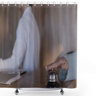 Personality  Cropped View Of Client Pressing Service Bell Near Hotel Receptionist Shower Curtains