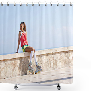 Personality  Girl Sitting With Her Roller Skates By The Beach Shower Curtains