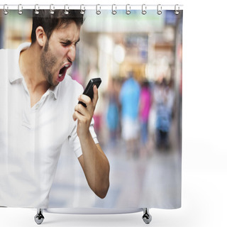 Personality  Portrait Of Angry Young Man Shouting Using Mobile At A Crowded M Shower Curtains