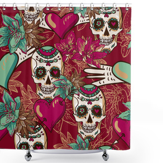 Personality  Skull, Hearts And Flowers Seamless Background Shower Curtains