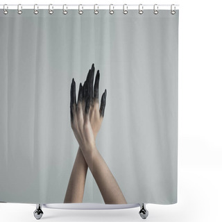 Personality  Cropped View Of Witch Hands In Black Paint Isolated On Grey Shower Curtains