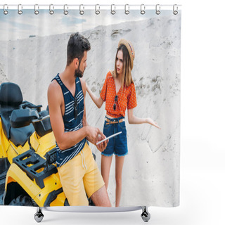 Personality  Lost Young Couple With ATV Using Digital Tablet In Desert Shower Curtains