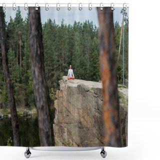 Personality  Buddhist Meditating In Lotus Pose On Rocky Cliff Over River, Blurred Foreground Shower Curtains