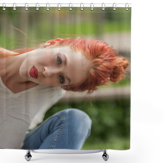 Personality  Beautiful Young Woman, Sitting Outside In A Park In The Sunlight, Lifestyle Concept Shoot Shower Curtains