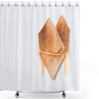 Personality  Top View Of Heart Shape Made Of Toast With Syrup On White Surface Shower Curtains