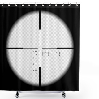 Personality  Realistic Illustration Looking Through Sniper Crosshair With Measuring Numbers And Markers. Optical Sight Rifle On Transparent Background - Vector Shower Curtains