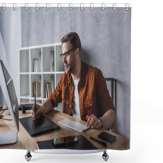 Personality  Confident Young Designer Working With Drawing Tablet At Modern Office Shower Curtains