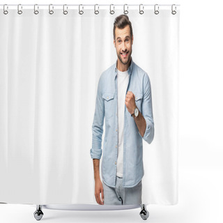 Personality  Excited Man Gesturing With Clenched Fist Isolated On White With Copy Space Shower Curtains