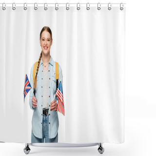 Personality  Happy Girl With Braid And Backpack Holding Flags Of America And United Kingdom Isolated On White Shower Curtains