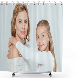 Personality  Smiling Daughter  Hugging Attractive Mother And Looking At Camera Isolated On Grey  Shower Curtains