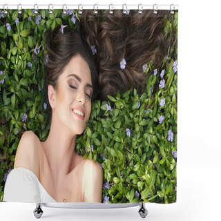 Personality  Close Up Of Woman Lying Down On The Grass. Beautiful Make Up And Shiny Hair In Nature. Shower Curtains
