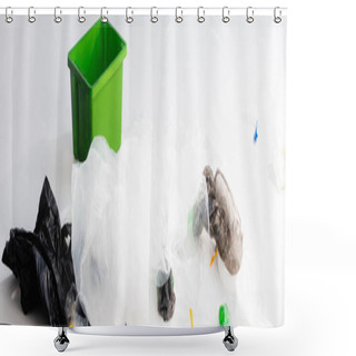 Personality  Panoramic Shot Of Plastic Bags And Bottles Near Trash Can On White, Ecology Concept  Shower Curtains