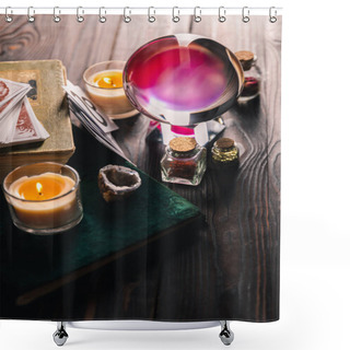 Personality  KYIV, UKRAINE - JANUARY 9, 2020: Selective Focus Of Crystal Ball, Books, Candles And Occult Objects On Wooden Background Shower Curtains