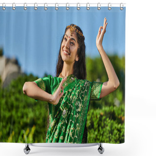 Personality  Pretty Young Indian Woman In Traditional Sari Dancing In Blurred Park With Blue Sky On Background Shower Curtains