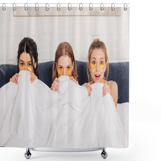 Personality  Beautiful Multicultural Girls With Golden Eye Patches Looking At Camera In Bed During Pajama Party Shower Curtains